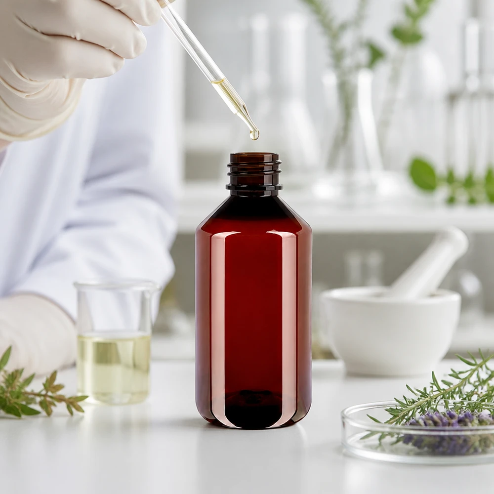 Brązowa butelka PET o pojemności 750 ml, napełniona w laboratorium za pomocą pipety ziołami leczniczymi oraz szklane naczynia