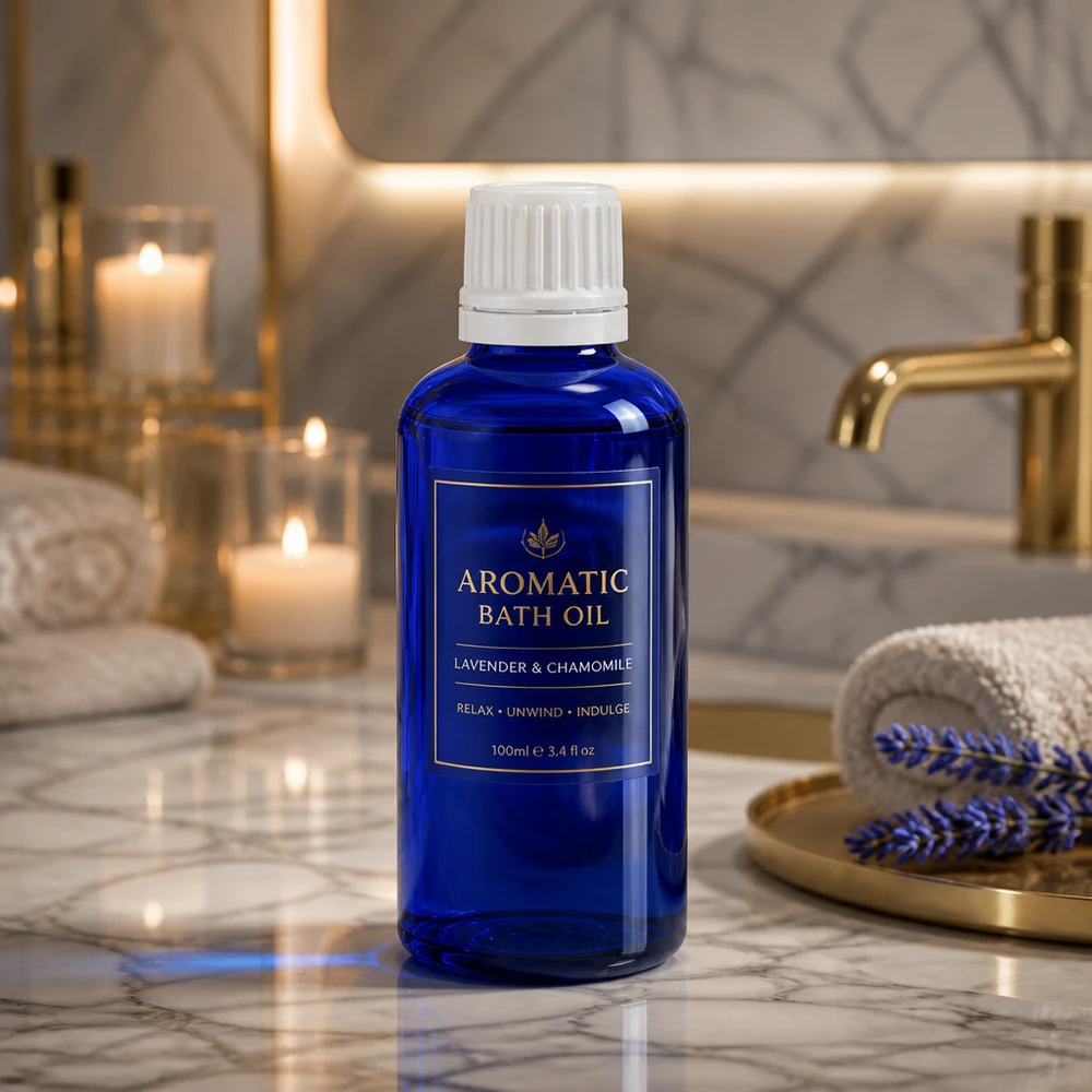 Niebieska szklana butelka o pojemności 50 ml z białą nakładką z kroplomierzem 0,7 mm do olejków do kąpieli i produktów wellness
