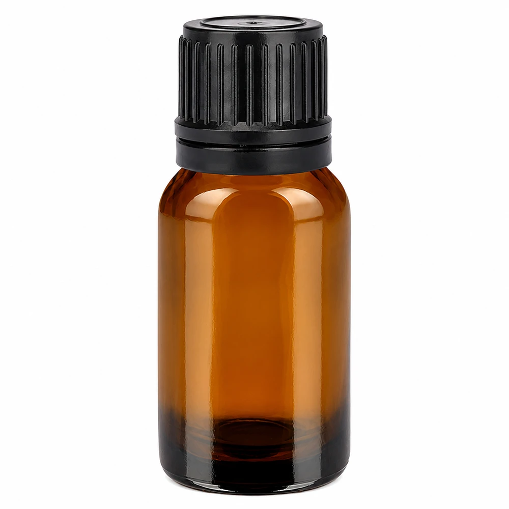 Butelka 10 ml, 11 mm, SV, czarna OV BrownLine UT18/10 Butelka z brązowego szkła o pojemności 10 ml z czarną zakrętką do olejków eterycznych i kosmetyków