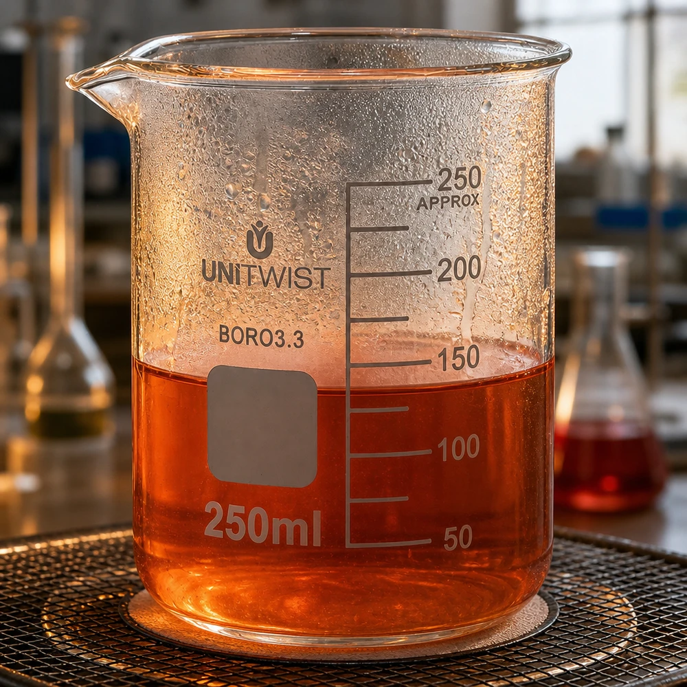 Szklanka UNiTWIST o pojemności 250 ml, wykonana z borokrzemianu, o niskim profilu, z pomarańczową cieczą na kratce laboratoryjnej
