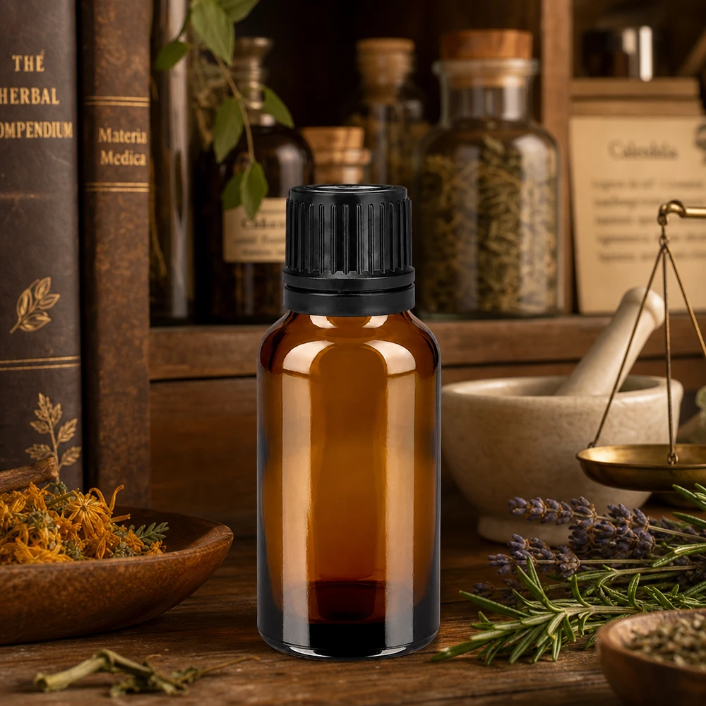 Butelka 20 ml, 11 mm SV, czarna OV BrownLine UT18/20 Szklana butelka 20 ml z otworem 11 mm i czarną zakrętką do precyzyjnego dozowania