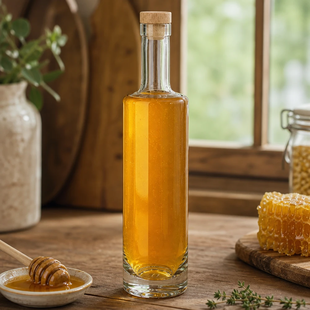 Butelka szklana 500 ml Lina z drewnianym korkiem UNiTWIST® 500ml Glasflasche Lina mit Holzkorken gefüllt mit Honig neben Bienenwabe rustikale Landküche natürliche Zutaten