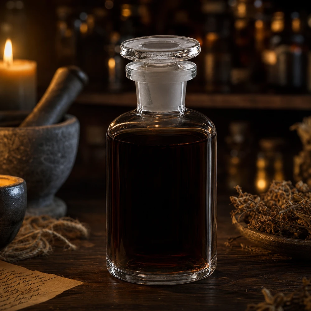 Okrągła butelka na ramię 50 ml, przezroczysta, szklana zatyczka z wąską szyjką Butelka aptekarska 50 ml z ciemną zawartością, szklanym korkiem, wąską szyjką i zaokrąglonymi ramionami, w stylu antycznym
