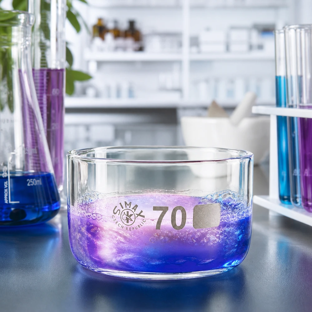 Naczynie do krystalizacji 100 ml bez dziobka Borokrzemianowe Miska do krystalizacji Simax 100 ml z niebiesko-fioletowym roztworem reakcyjnym – eksperyment laboratoryjny z musującymi bąbelkami
