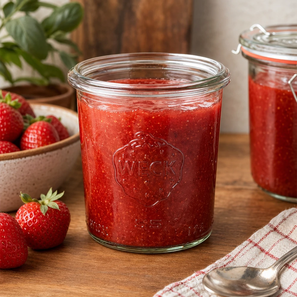 140 ml słoik WECK RR60 wypełniony domowym dżemem truskawkowym na drewnianym stole ze świeżymi truskawkami