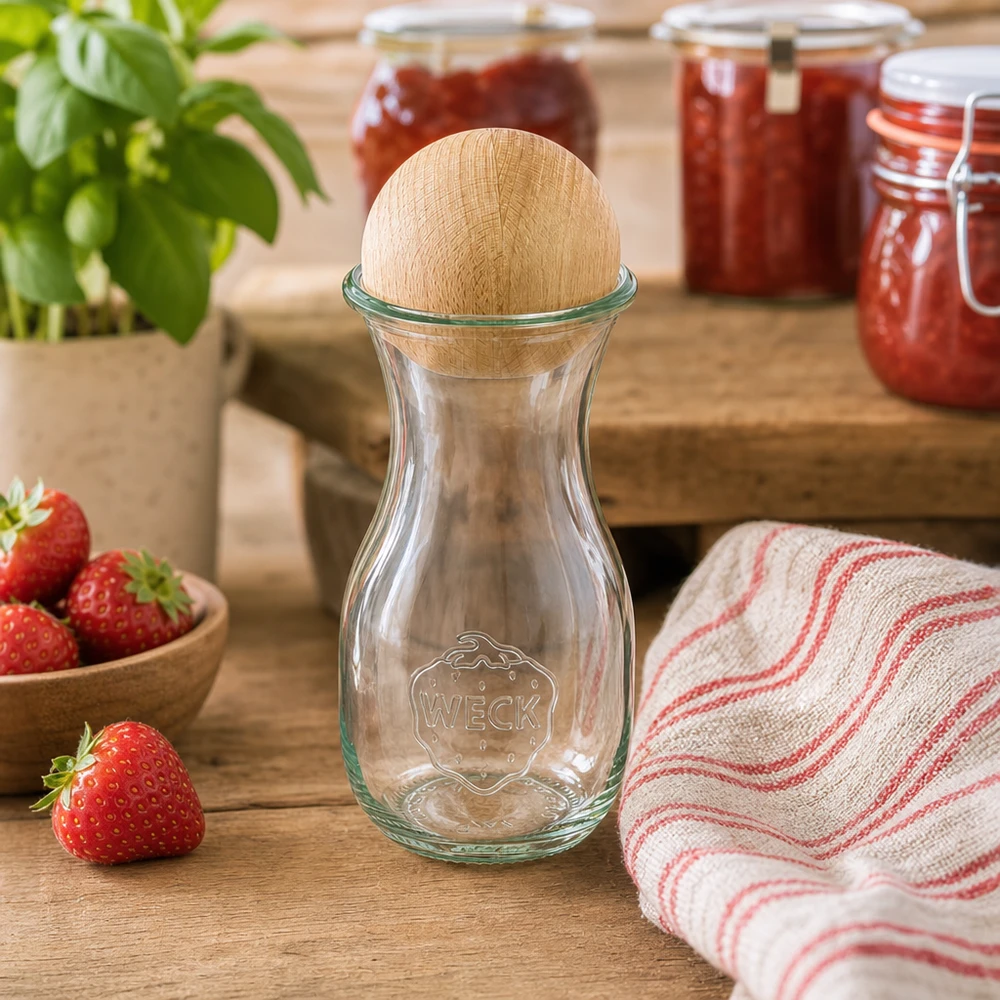 Butelka na sok 290 ml WECK RR60 z drewnianą kulką buk Szklana butelka WECK 290ml RR60 z bukowym korkiem w rustykalnej kuchni obok truskawek i słoików z dżemem