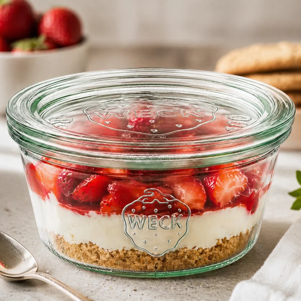 Niski słoik o pojemności 290 ml z szklaną pokrywką WECK RR100 Kubki WECK 290ml RR100 wypełnione truskawkową warstwą deserową wykazują wszechstronne zastosowanie jako słoik deserowy ze szklaną pokrywką