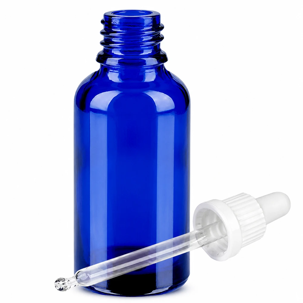 Szklana butelka 30 ml z pipetą do olejków eterycznych BlueLine UT18 DIN18 gwint kobaltowy niebieski