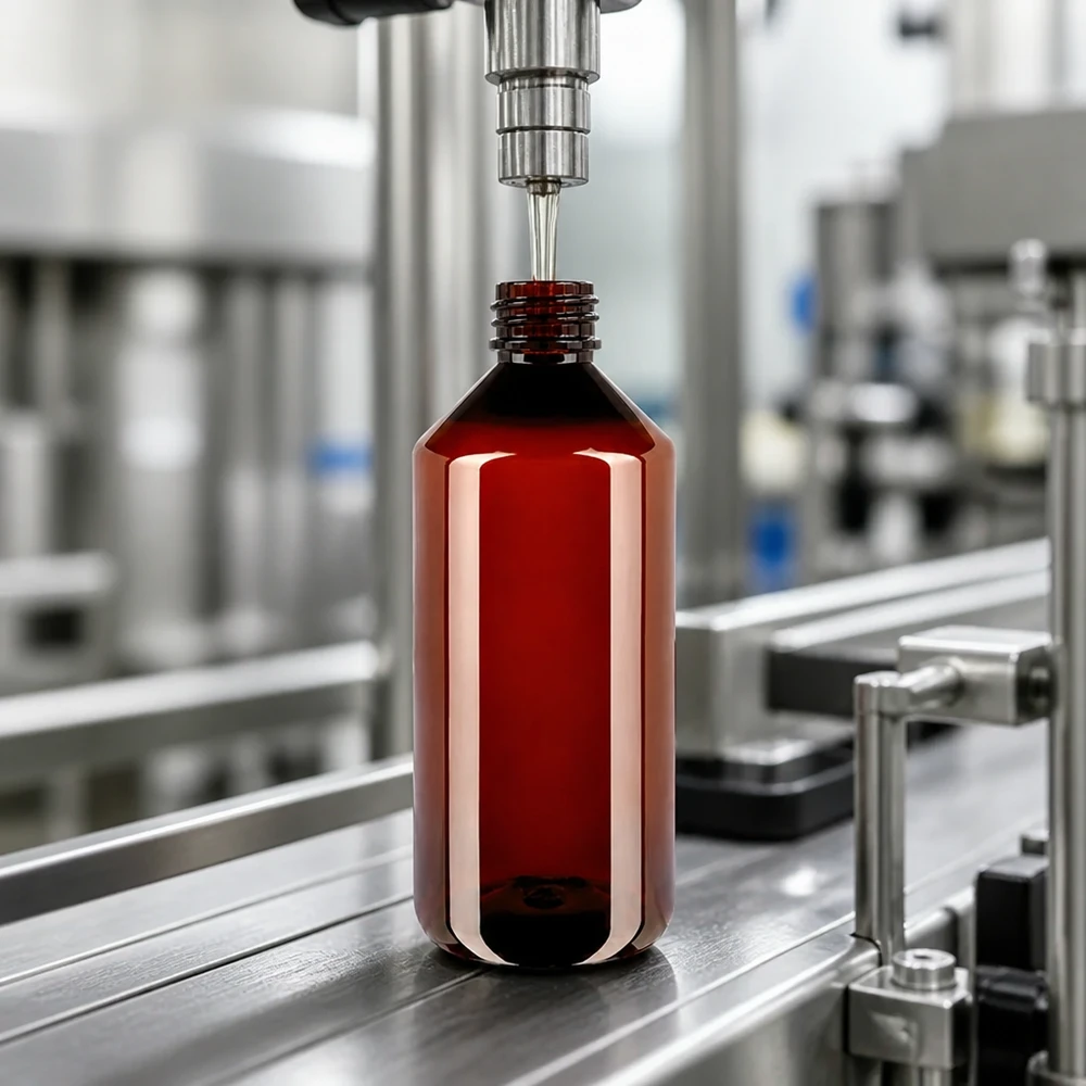 PET Kunststoffflasche 1000ml UV-geschützt bernsteinfarben auf industriellem Abfüllförderband