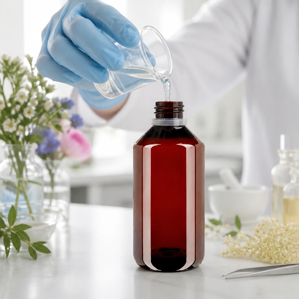 Butelka PET 750ml z białą nakrętką OV + kubek Laborant napełnia przezroczystą cieczą brązową butelkę PET o pojemności 750 ml za pomocą lejka i OV