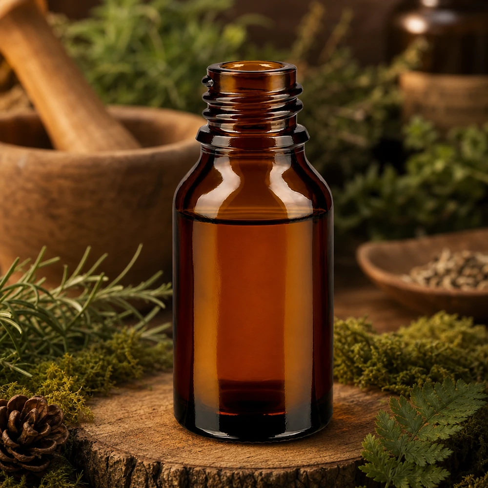 30ml brązowa butelka apteczna ApoGlas wysoki kształt z mchem szyszki sosnowe kosmetyki naturalne leśna atmosfera drewniana miska