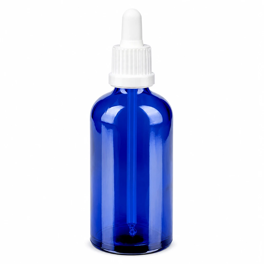 Butelka do leków płynnych 100 ml biała OV BlueLine UT18/100 Butelka z pipetą 100 ml wykonana ze szkła w kolorze niebieskim z białą pipetą do precyzyjnego dozowania