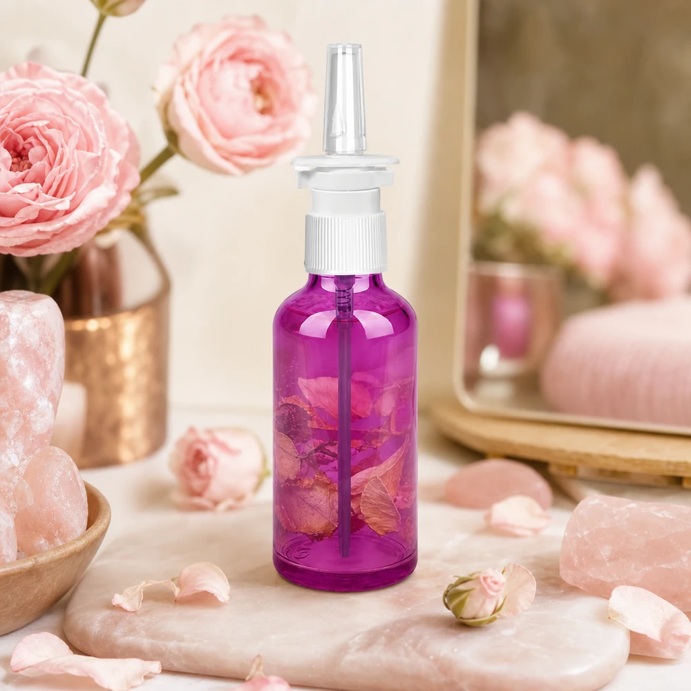 Butelka z rozpylaczem do nosa 50ml biała/przezroczysta standard PurpleLine. UT18/50 Wysokiej jakości butelka z rozpylaczem do nosa 50 ml z białą głowicą rozpylającą w stylowym fioletowym kolorze do aromaterapii