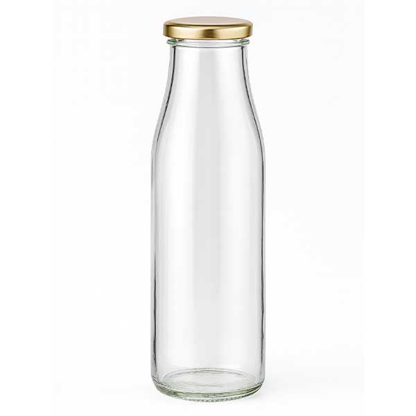 Szklana butelka 500 ml + pokrywka BasicSeal w kolorze złotym UNiTWIST. Całkowicie szczelna z dużą pokrywką TO48. Do mleka, soków i lemoniady.