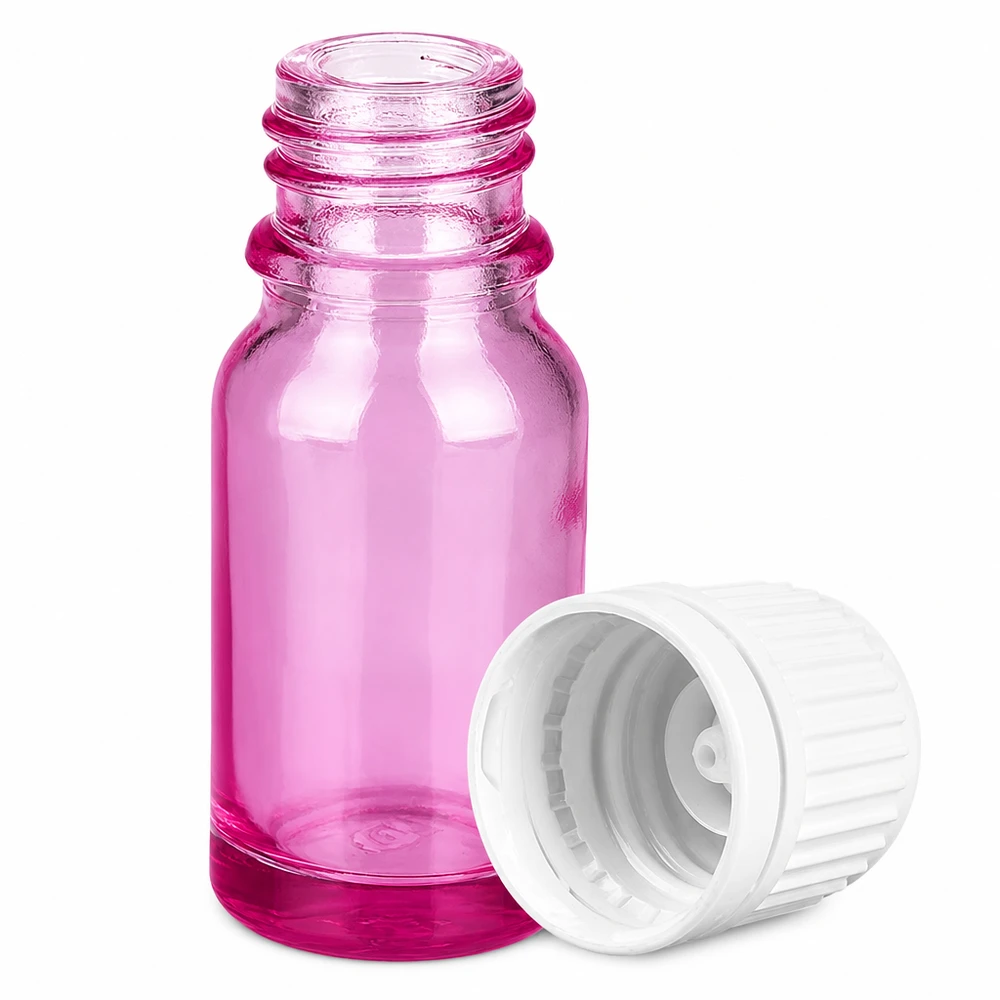 Butelka 10 ml z białą zakrętką 11 mm Oryginalna zakrętka PurpleLine UT18/10 Mała szklana buteleczka o pojemności 10 ml w kolorze fioletowym z praktyczną białą zakrętką do aromaterapii i kosmetyków