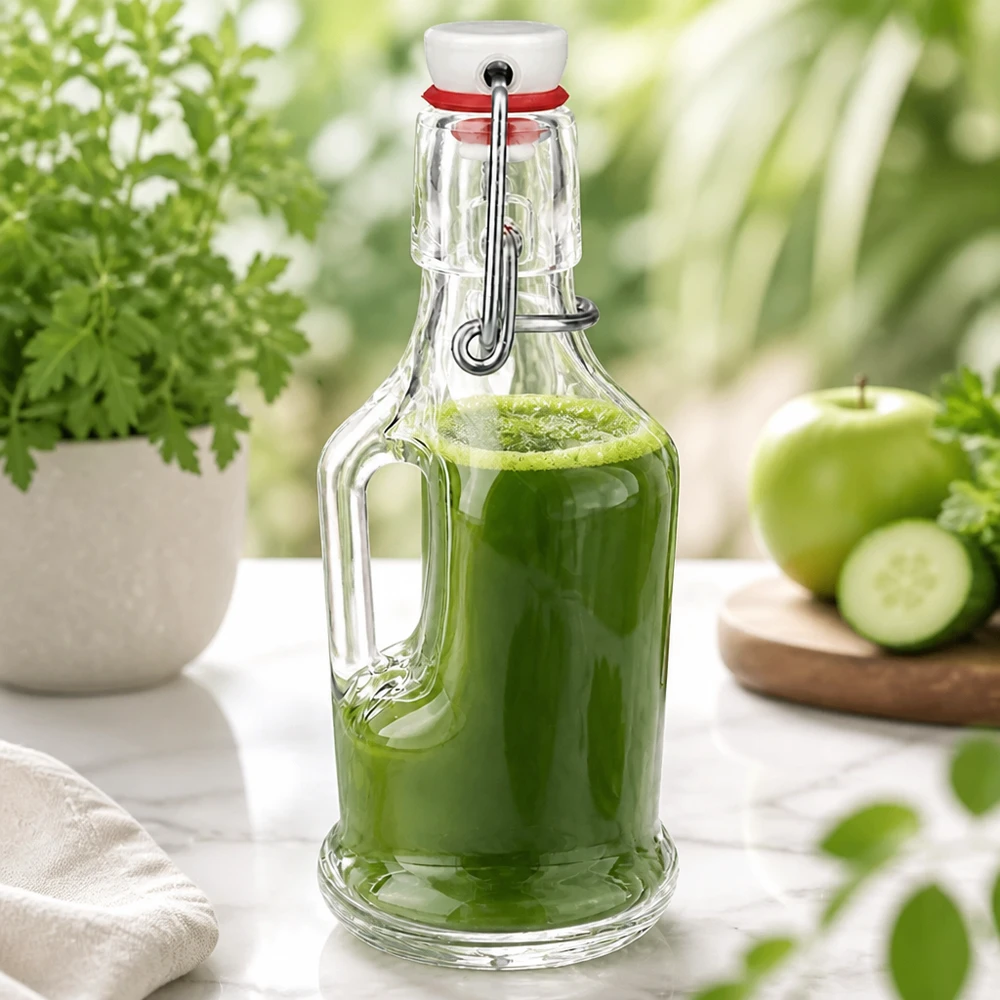 Szklana butelka 200 ml Bertha z zamknięciem zatrzaskowym z PVC UNiTWIST® Glasflasche Bertha 200ml mit grünem Smoothie befüllt, Bügelverschluss, natürliche Küchendeko mit frischen Zutaten