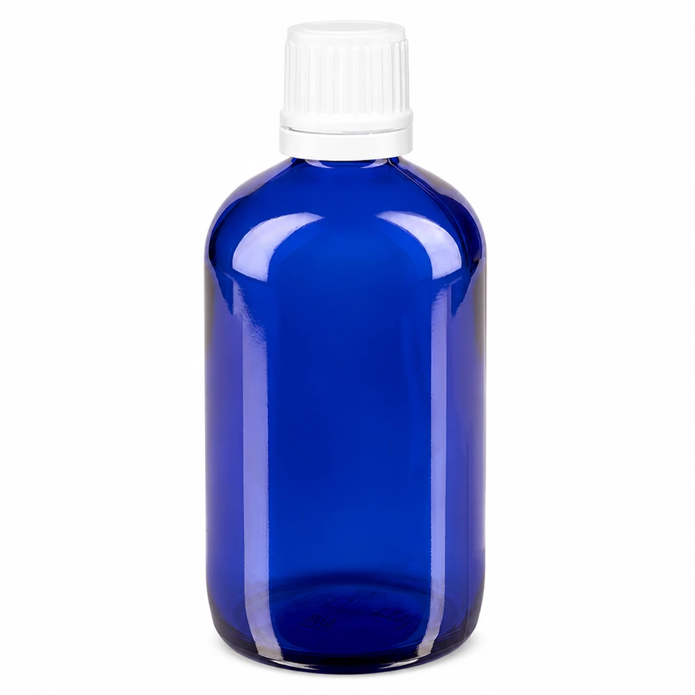 Butelka apteczna niebieska 100ml zakrętka biała OV Niebieska szklana butelka apteczna o pojemności 100 ml z białą zakrętką i plombą zabezpieczającą 11 mm