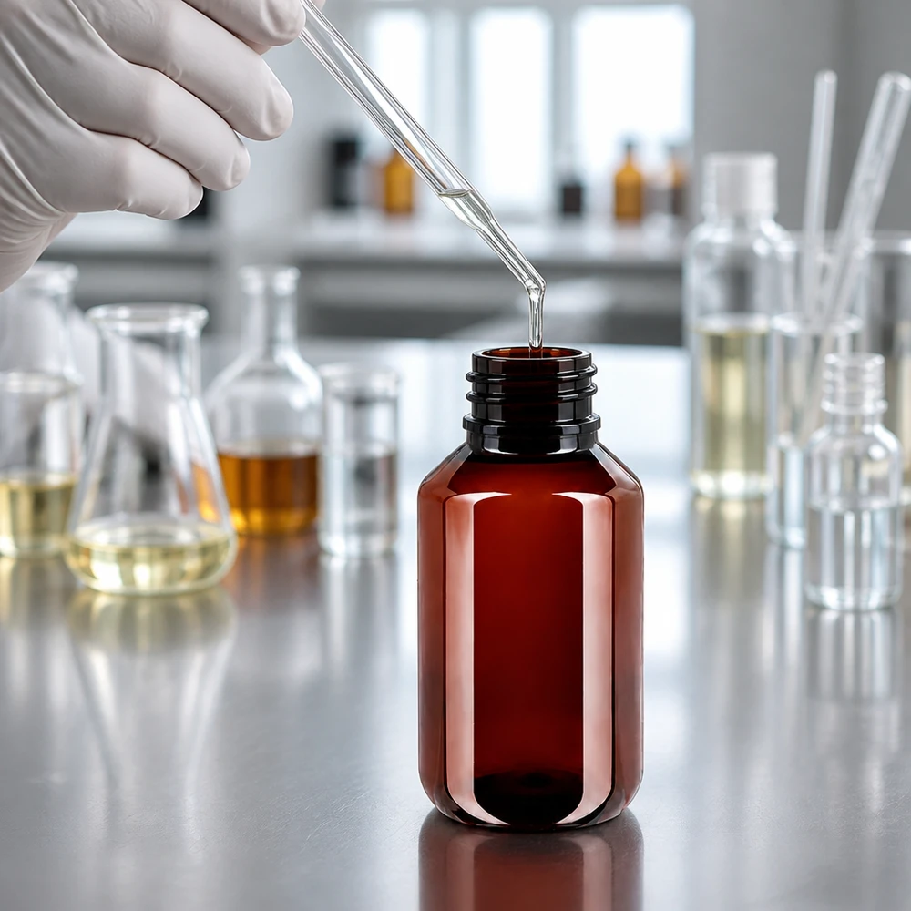 Kompaktowa brązowa butelka PET o pojemności 100 ml z niebieskim zamknięciem zabezpieczającym i pipetą w laboratorium