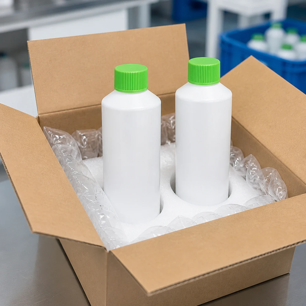 Butelka apteczna HDPE 100ml biała, z zielonym SV Dwie białe butelki apteczne z HDPE o pojemności 100 ml z zielonym zakrętkiem, bezpiecznie zapakowane w karton wysyłkowy