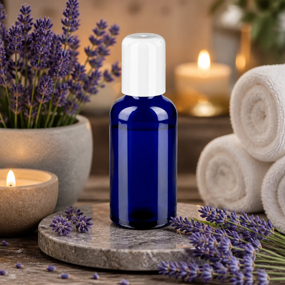 Butelka roll-on 50 ml biała STD BlueLine UT18/50 Niebieska szklana butelka 50 ml z zakrętką typu roll-on do aromaterapii i naturalnych produktów pielęgnacyjnych