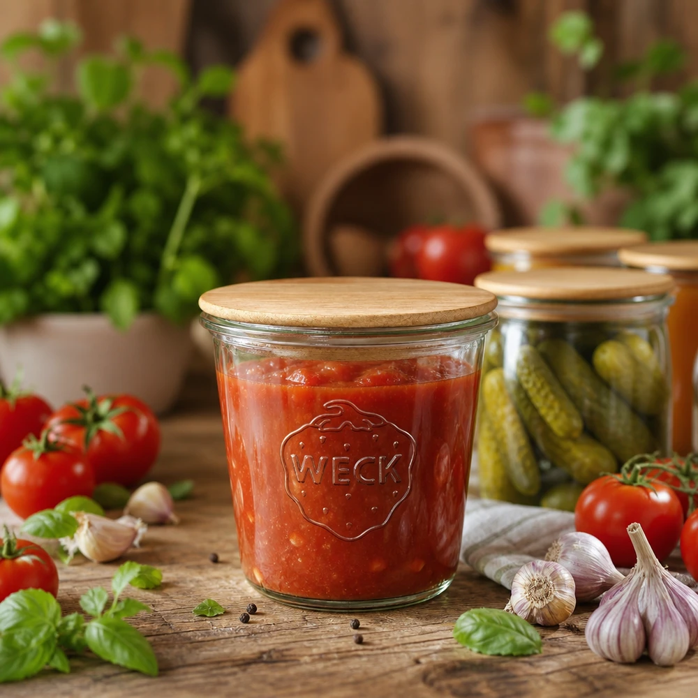 Słoik na przetwory WECK 580ml z drewnianą pokrywką wypełniony sosem pomidorowym, otoczony świeżymi składnikami i korniszonami