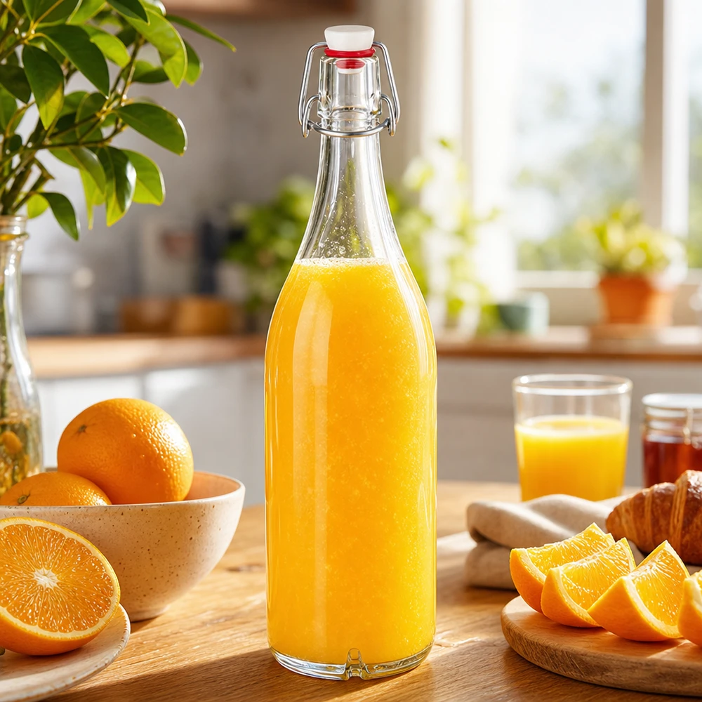 Butelka szklana 1000 ml z zamknięciem porcelanowym UNiTWIST Szklana butelka o pojemności 1000 ml wypełniona świeżym sokiem pomarańczowym obok pomarańczy na stole kuchennym