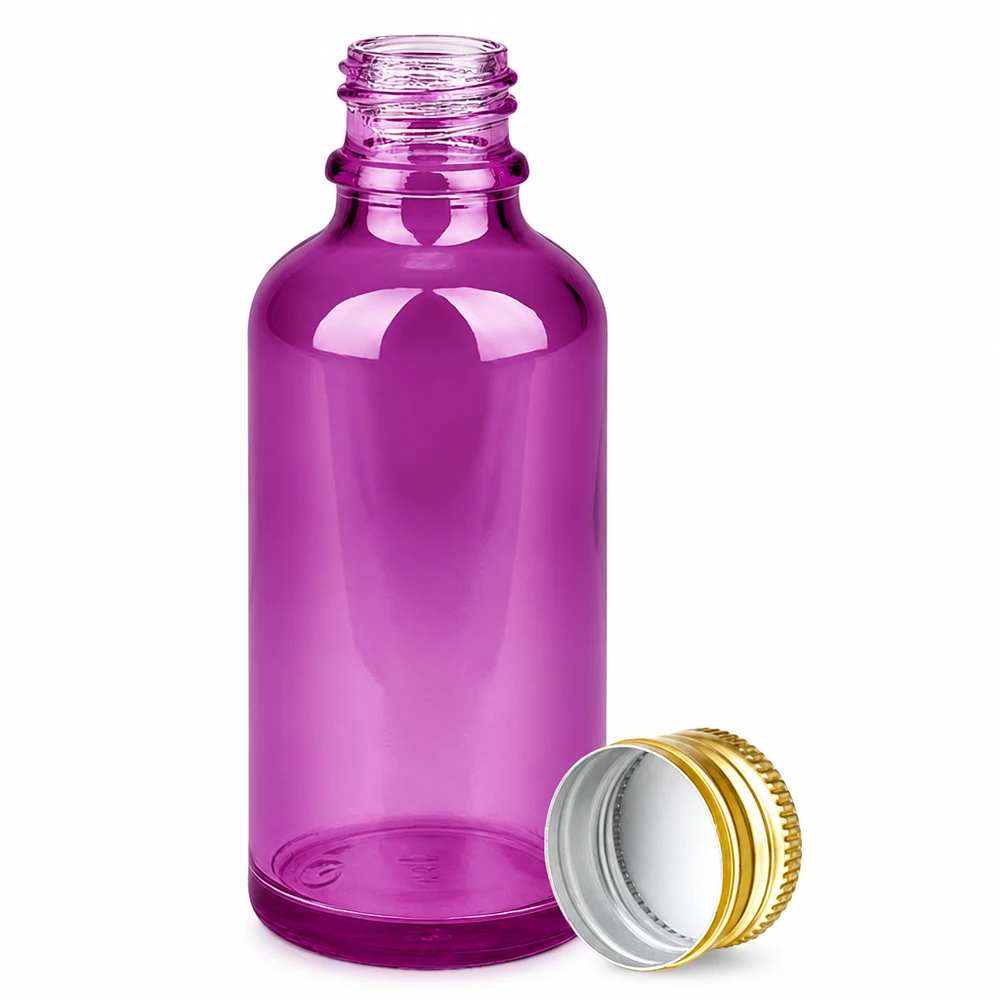 Butelka 50ml 11mm zakrętka aluminiowa złoty standard PurpleLine. UT18/50 Fioletowa szklana butelka 50 ml z zakrętką 11 mm SV do aromaterapii i kosmetyków naturalnych