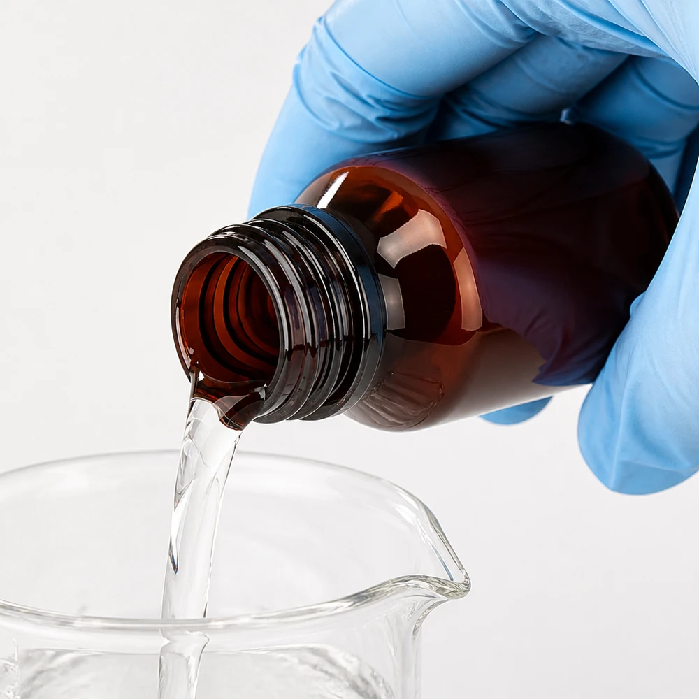 Laborant napełnia zlewkę z brązowej butelki PET o pojemności 50 ml, mając na rękach niebieskie rękawiczki ochronne