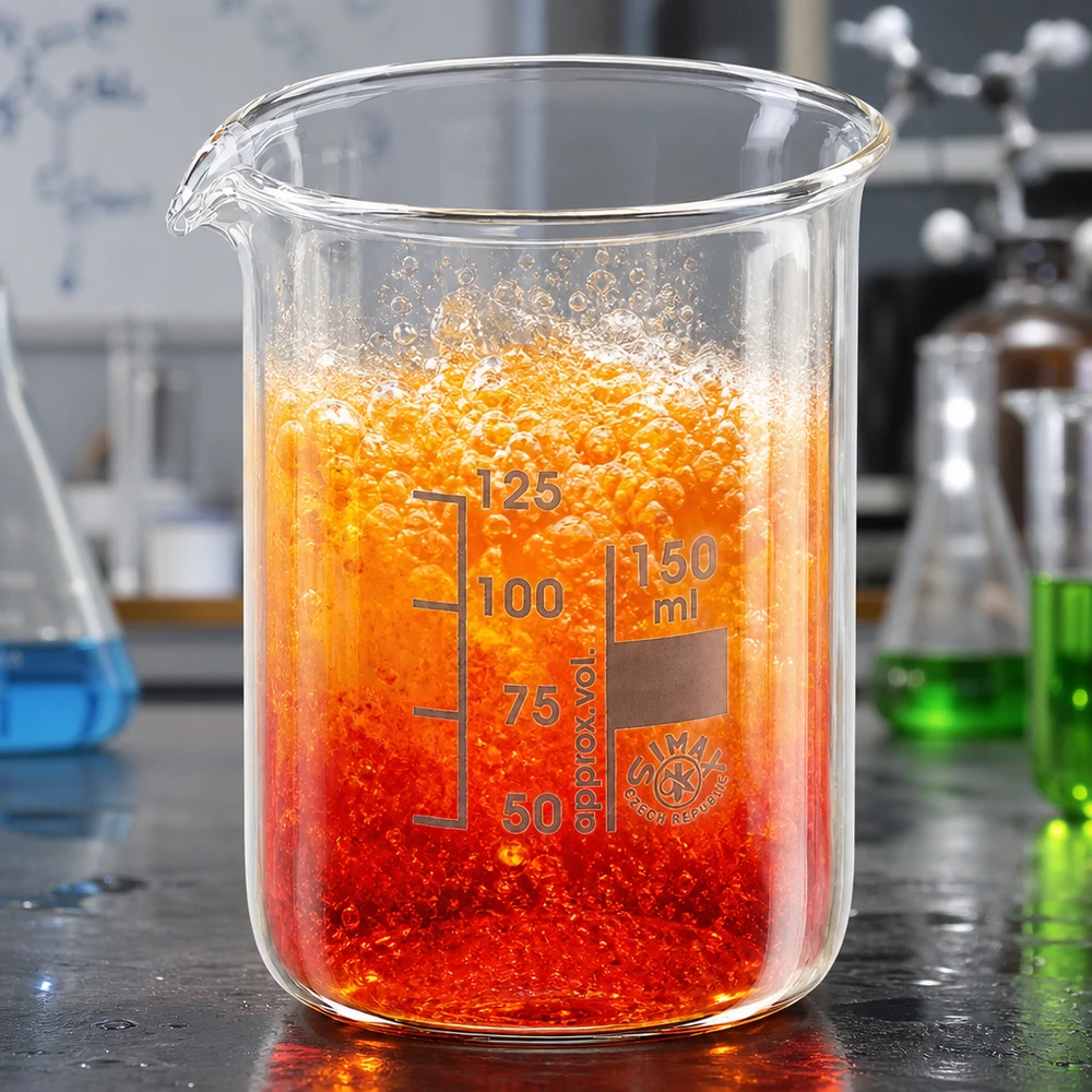 Zlewka 150 ml ze szkła borokrzemowego, niski kształt Zlewka laboratoryjna o pojemności 150 ml z pomarańczowo-czerwonym roztworem reakcyjnym i wyraźną skalą mililitrową