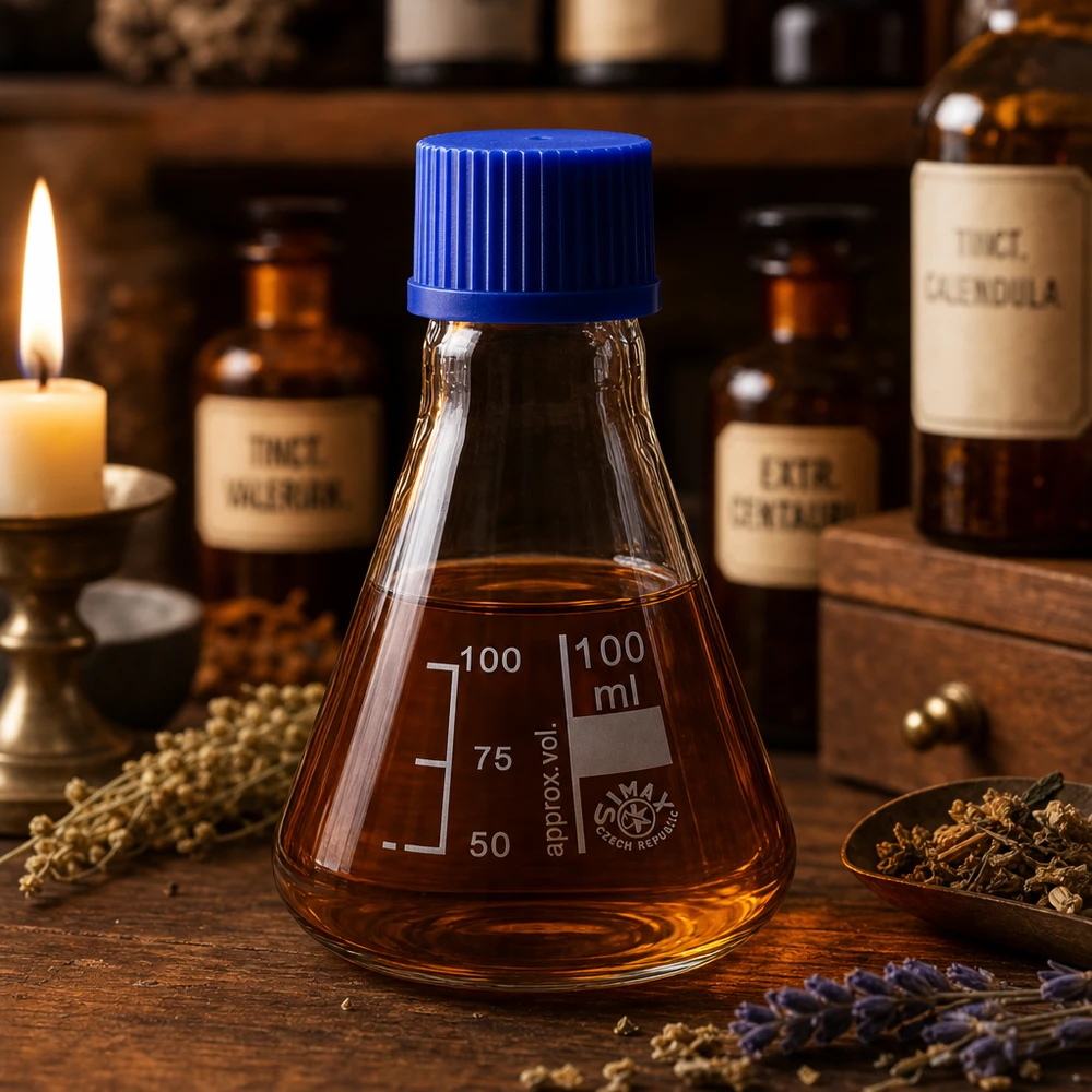 Kolba Erlenmeyera 100 ml z zakrętką Kolba Erlenmeyera z brązowego szkła o pojemności 100 ml z niebieską zakrętką do aromaterapii i mieszanek ziołowych