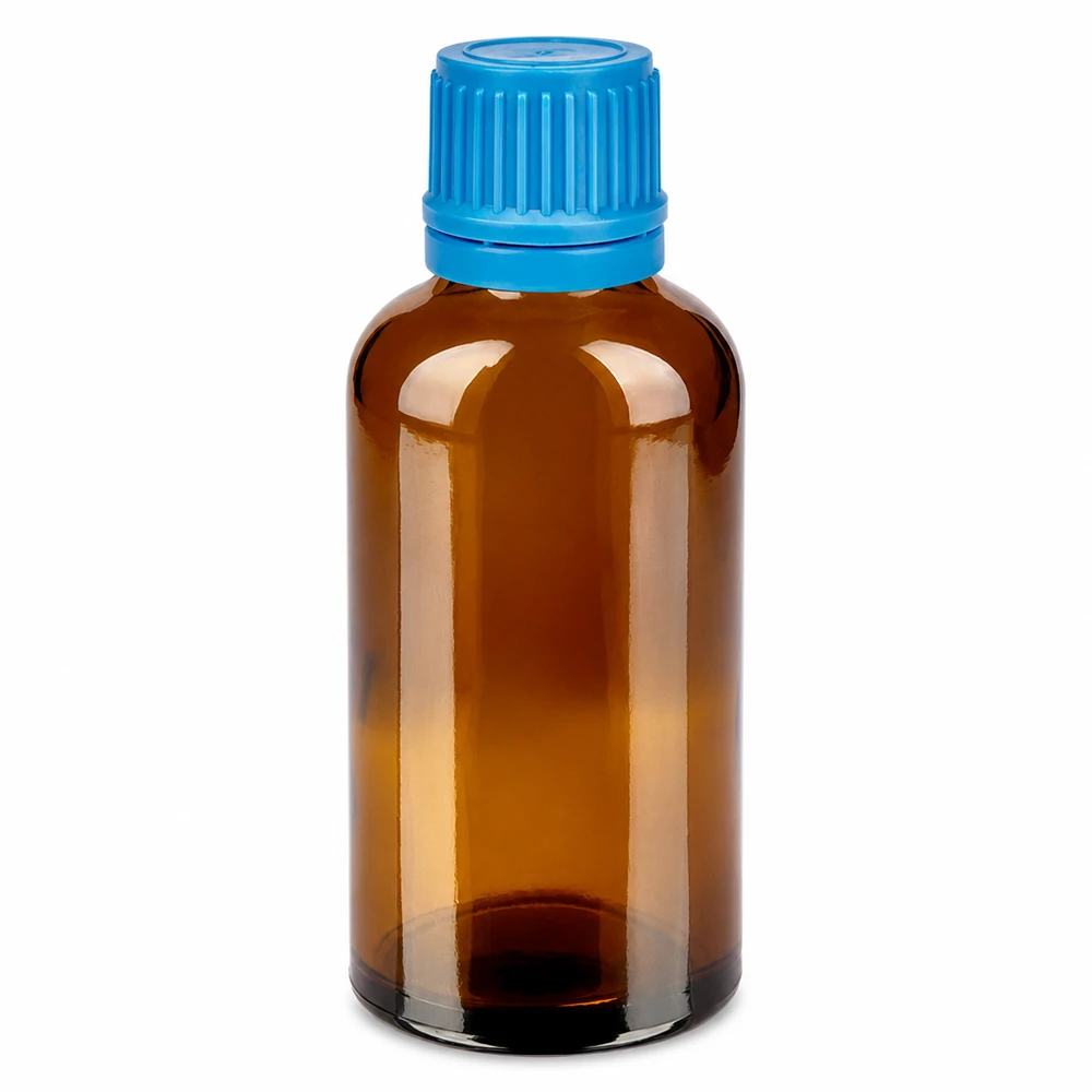 Butelka z bursztynowego szkła o pojemności 50 ml z niebieską zakrętką na leki i krople