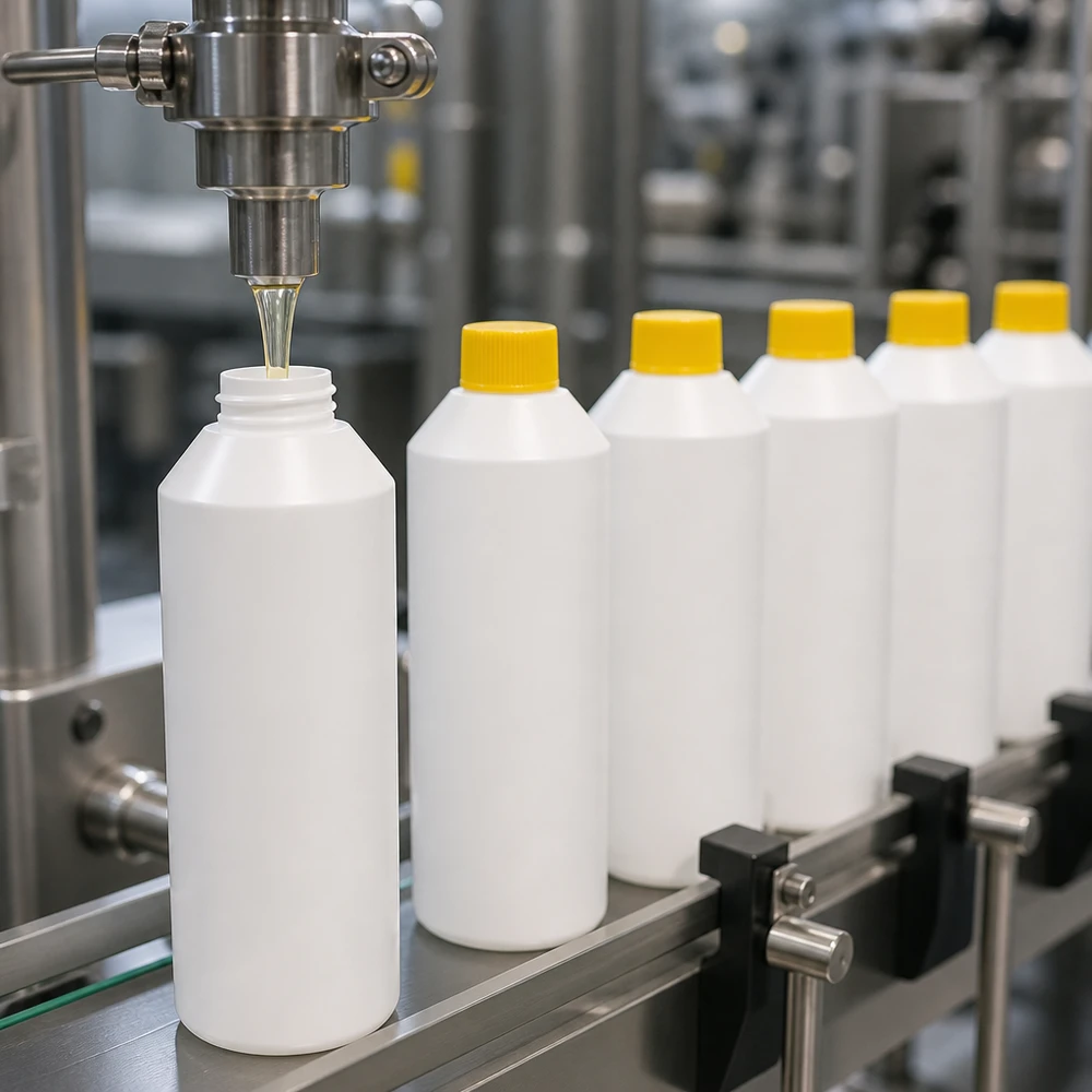 Linia rozlewnicza napełnia przemysłowo białe butelki z HDPE o pojemności 250 ml z żółtymi zakrętkami