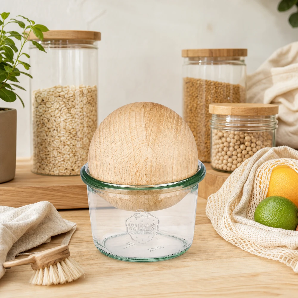 Tumbler 80ml WECK RR60 z drewnianą kulką buk Kubki WECK 80 ml RR60 z kulką z drewna bukowego w zrównoważonej kuchni zero waste ze słoikami i workiem jutowym