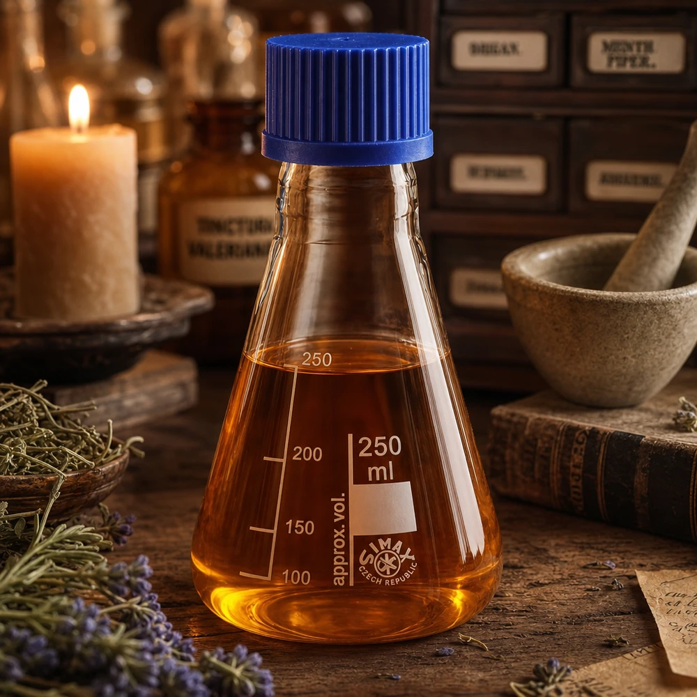 Kolba szklana 250 ml w kształcie Erlenmeyera z oznaczeniami pomiarowymi i niebieską nasadką do laboratorium chemicznego