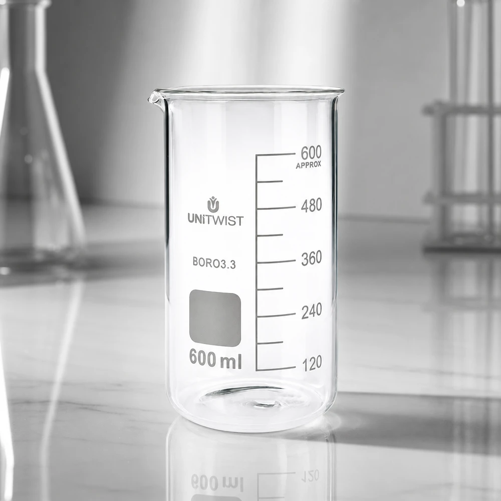 Szklanka UNITWIST o pojemności 600 ml, wysoka, z borokrzemianu, pusta, na stole laboratoryjnym, z kolbą Erlenmeyera w tle