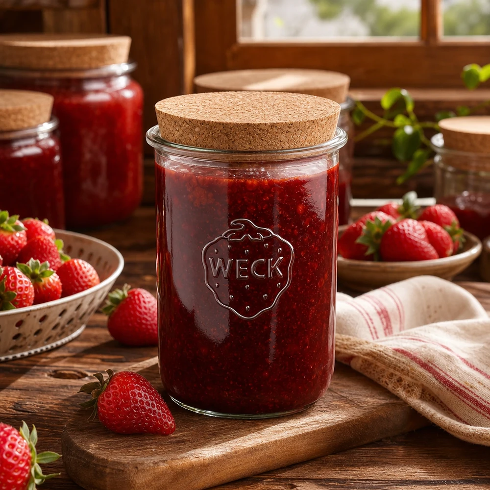 Tumbler 1000ml WECK RR100 z korkiem naturalny Kubki WECK 1000ml RR100 z korkową pokrywką wypełnione dżemem truskawkowym w otoczeniu świeżych truskawek kuchnia rustykalna
