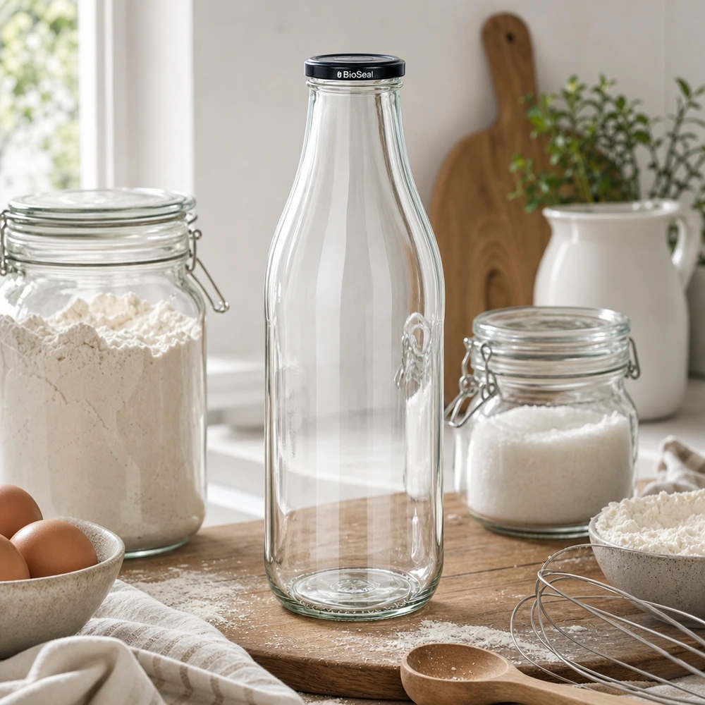 Szklana butelka 1000 ml + pokrywka BioSeal czarna UNiTWIST. Całkowicie szczelna z dużą pokrywką TO48. Do mleka, soków i lemoniady. 1000 ml szklana butelka z pokrywką BioSeal w kuchni między słoikami do przechowywania mąki cukier przybory kuchenne styl życia