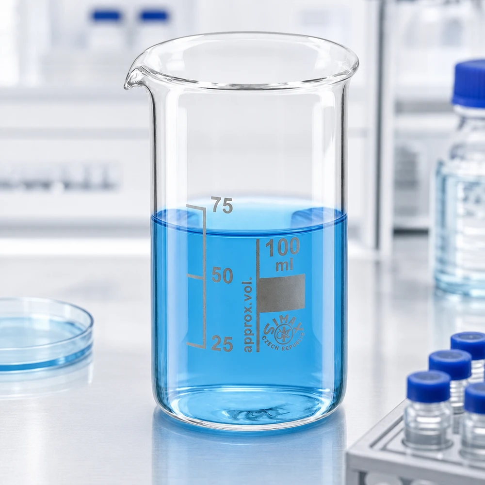 Precyzyjna zlewka o pojemności 100 ml, wysoka, z wypalonymi podziałkami 25, 50, 75 ml, szkło borokrzemowe