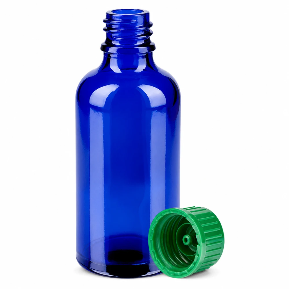 Butelka 50 ml 11 mm SV zielony STD BlueLine UT18/50 Butelka z bursztynowego szkła o pojemności 50 ml z gwintem DIN 18 mm i zakrętką zabezpieczającą przed dziećmi.