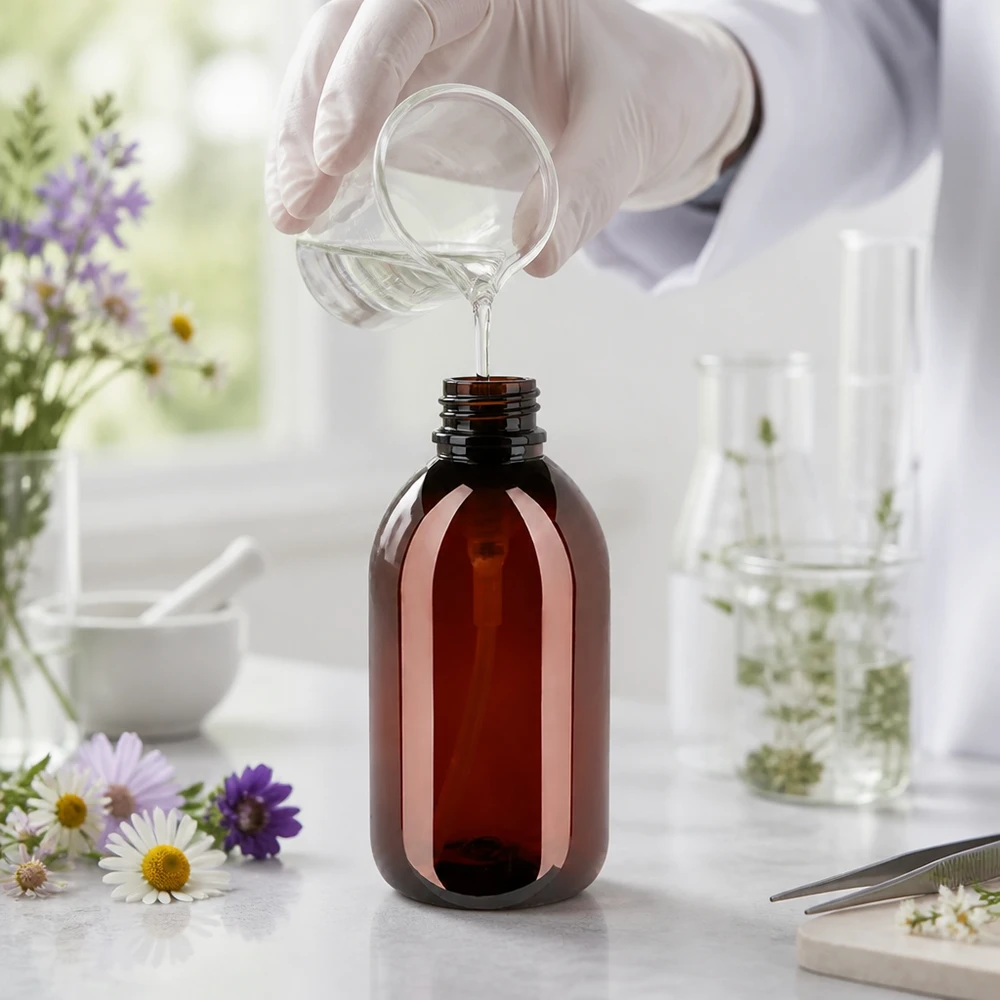 Robuste 250ml PET Flasche bernsteinfarben mit weisser Pumpe für Naturkosmetik Herstellung