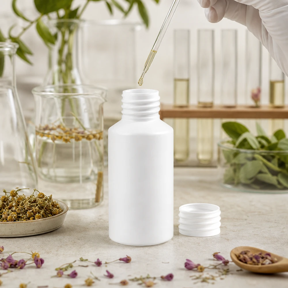 Biała butelka z HDPE o pojemności 50 ml bez nakrętki wśród suszonych kwiatów i ziół w otoczeniu kosmetyków naturalnych