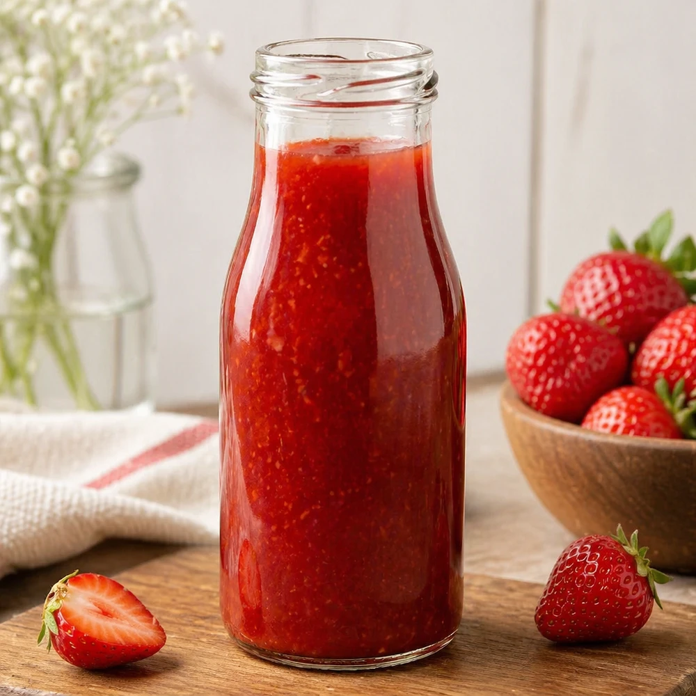 UNiTWIST Bottle150 Szklana butelka 150ml TO43 wypełniona sokiem truskawkowym obok świeżych truskawek na drewnianym stole