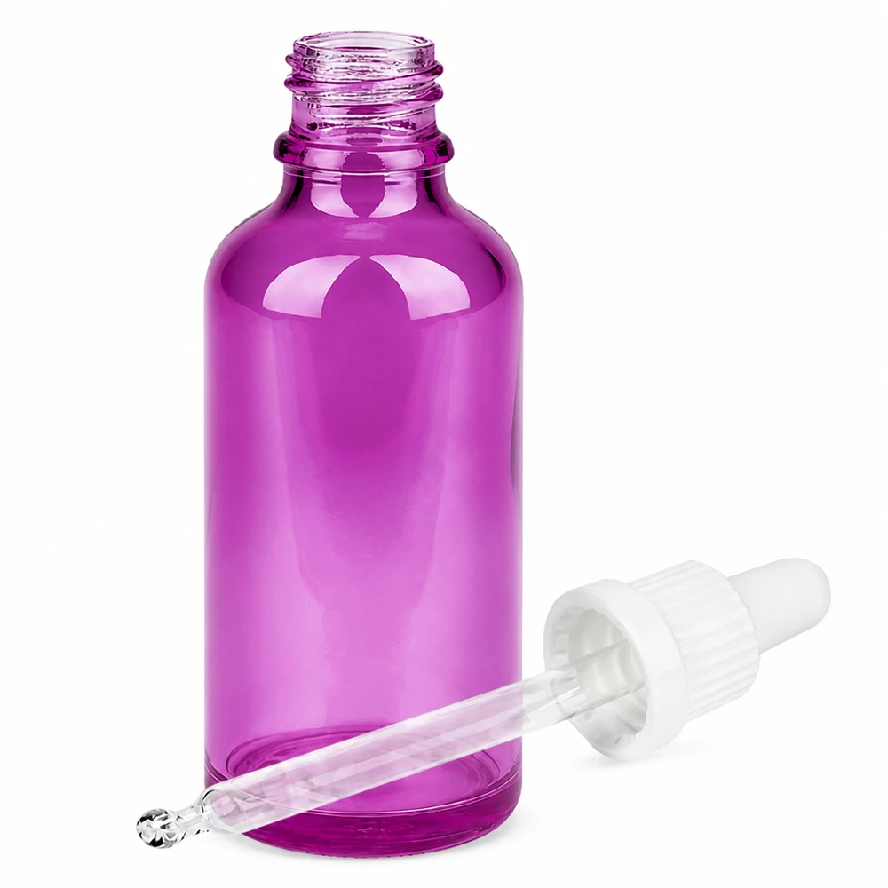 Butelka z pipetą 50 ml z białą zakrętką Originality PurpleLine UT18/50 Fioletowa szklana butelka 50 ml z pipetą do kosmetyków i olejków eterycznych - precyzyjna aplikacja