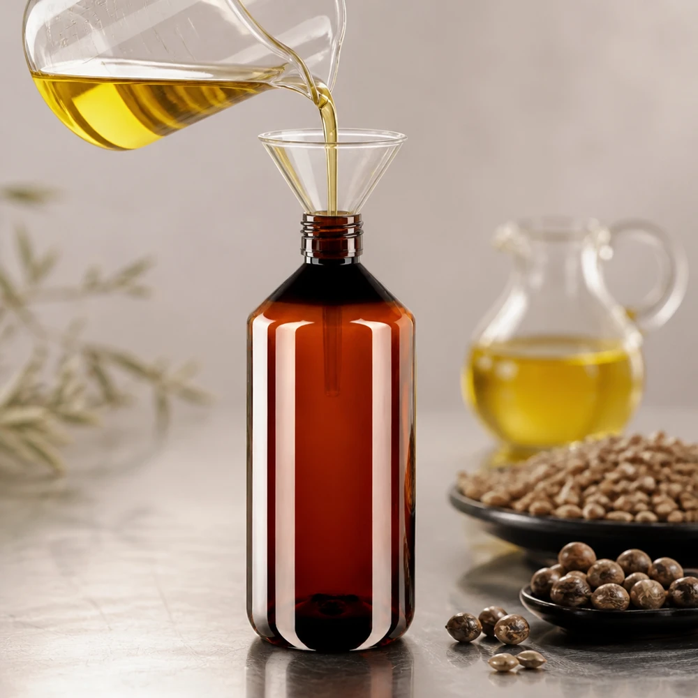 Butelka PET 1000ml z brązową nakrętką OV Butelkę PET o pojemności 1000 ml w kolorze bursztynowym napełnia się żółtym olejem roślinnym za pomocą szklanego lejka