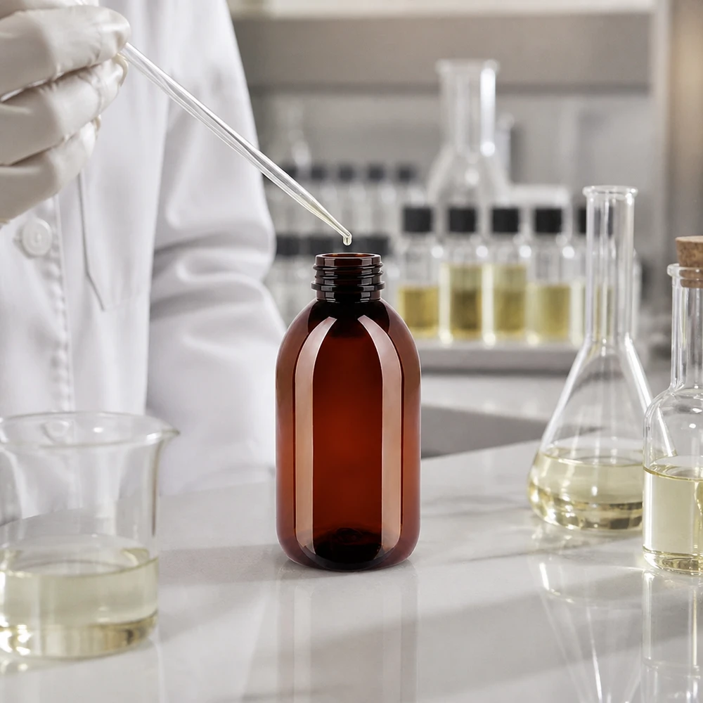 Laborant za pomocą pipety napełnia bursztynową butelkę PET o pojemności 250 ml żółtawą cieczą