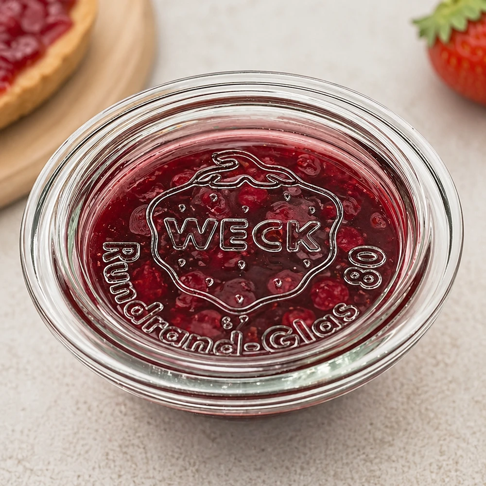 Szklana pokrywka WECK RR80 WECK Glasdeckel RR80 mit Marmelade befüllt zeigt praktische Verwendung als Schale für Konfitüre und Aufstriche