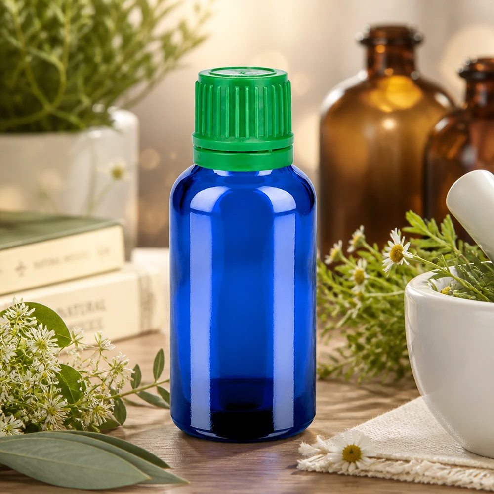 Butelka 30 ml 11 mm SV zielona OV BlueLine UT18/30 Kompaktowa szklana butelka 30 ml z otworem 11 mm, idealna do aromaterapii mobilnej i podróży