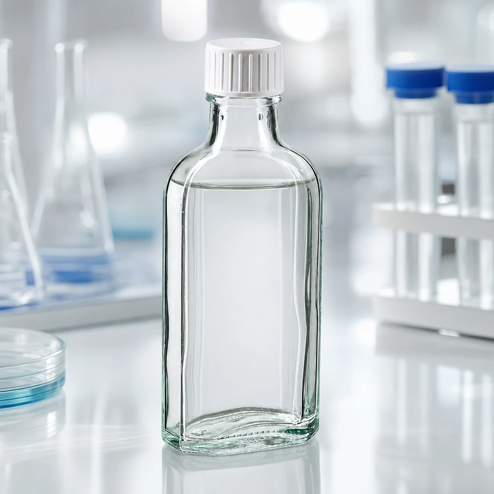 100 ml Przezroczysta zakrętka Meplat z pierścieniem do nalewania Płaska szklana butelka Meplat o pojemności 100 ml, z białą zakrętką i pierścieniem do nalewania, w formacie pionowym