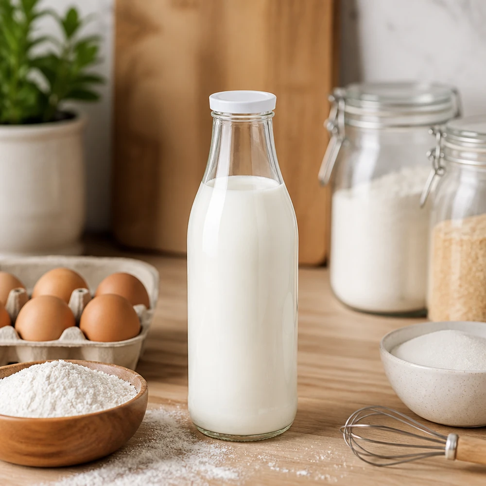 Szklana butelka 1000ml wypełniona mlekiem Pokrywka BasicSeal biała Scenografia kuchenna Składniki do pieczenia Jajka Mąka Pojemnik do przechowywania
