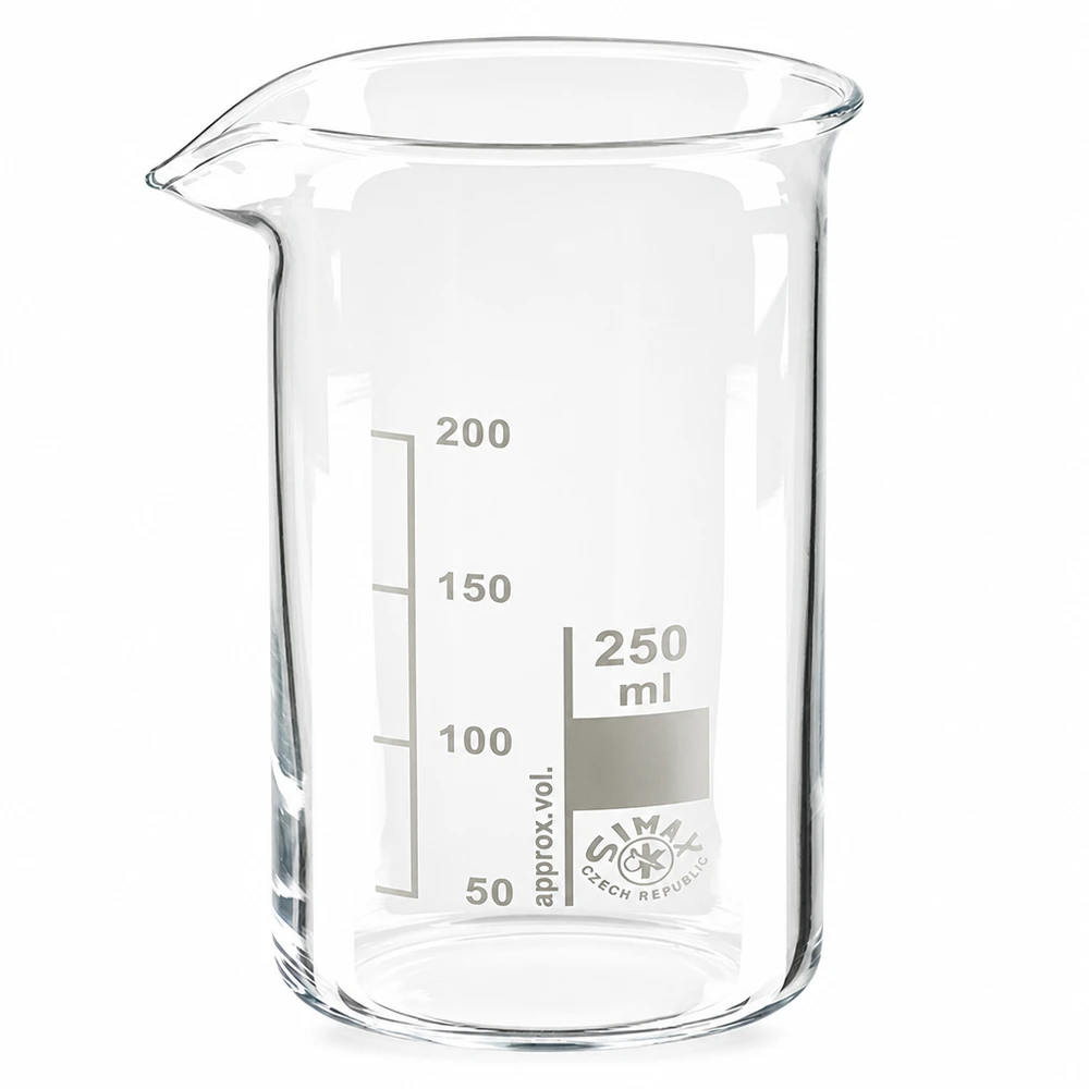 Zlewka 250 ml ze szkła borokrzemowego, wysoka Szklanka o pojemności 250 ml, wysoka, wykonana z przezroczystego szkła borokrzemowego, z podziałką mililitrową, przeznaczona do zastosowań laboratoryjnych